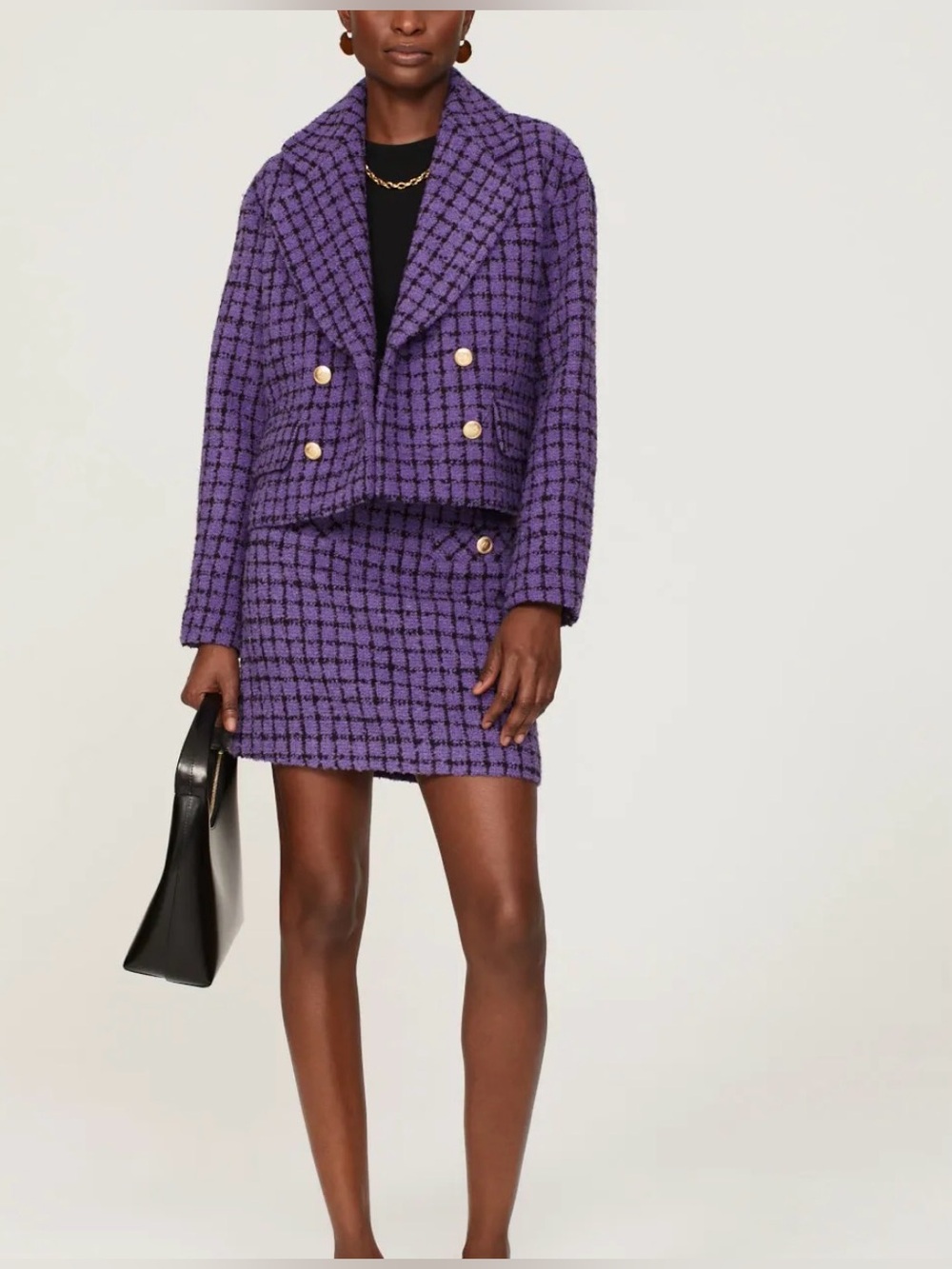 Sandro Paris Purple Tweed Cropped Blazer Jacket US 4 Wool Boucle Double Breasted